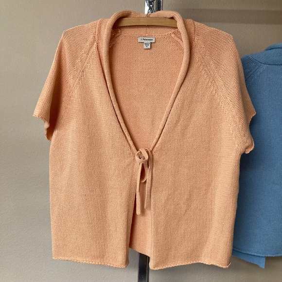 Lot Of 2 XL J Peterman Cotton Short Sleeve Sweaters Tie Front Blue Peach - Picture 7 of 12